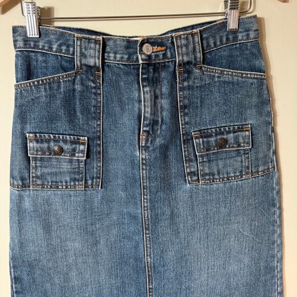 Genuine Y2K Gap Denim Midi Skirt Flap Pockets SZ 4 Med Wash Stretch - Picture 4 of 9